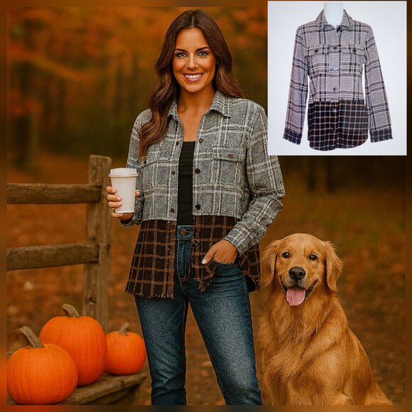 Brown Plaid Shirt Jacket Shacket Fringed Frayed Hem Detail Layering Fall NEW - Picture 2 of 13